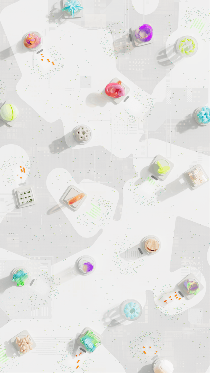 hero-img-01 Creative flat lay of vibrant 3D objects on a white backdrop.